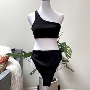 HAIGHT Black Crepe Perlin Bikini Over-the-Shoulder  Top and Highleg Hotpant Sz S